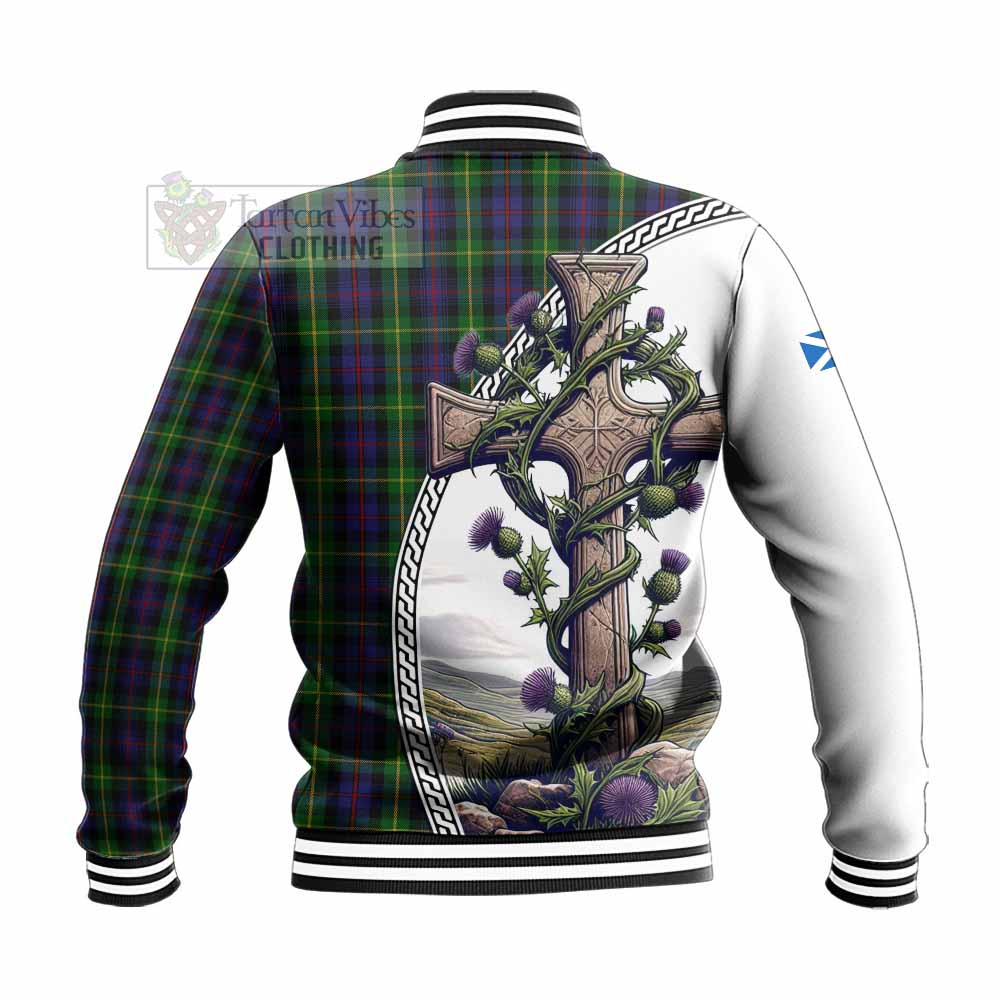 Tartan Vibes Clothing Farquharson Tartan Baseball Jacket with Family Crest and St. Andrew's Cross Accented by Thistle Vines