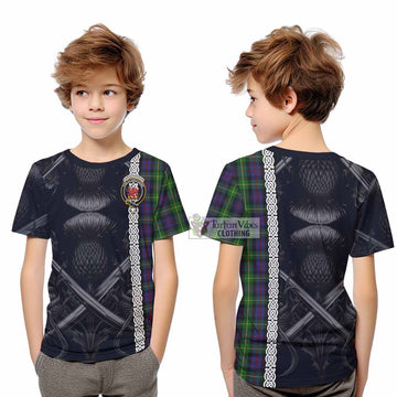 Farquharson Tartan Kid T-Shirt with Family Crest Cross Sword Thistle Celtic Vibes