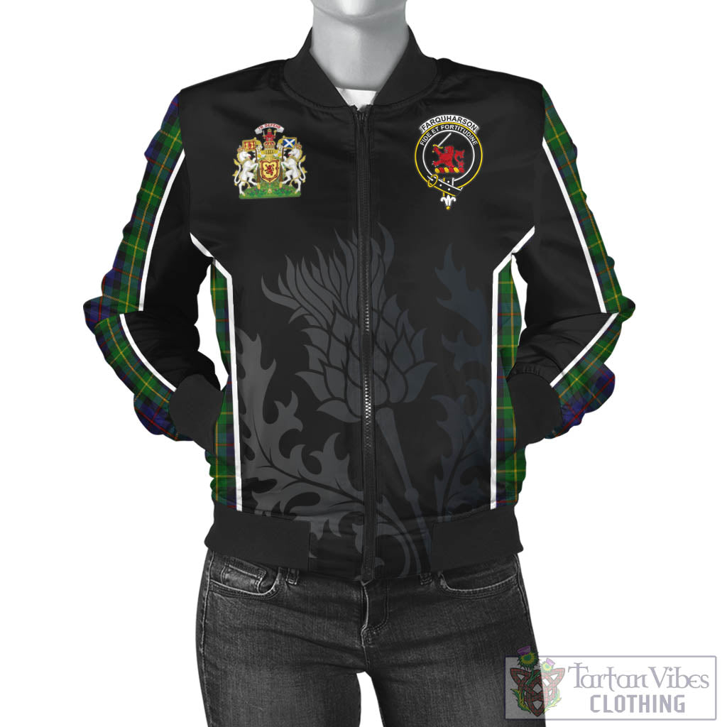 Tartan Vibes Clothing Farquharson Tartan Bomber Jacket with Family Crest and Scottish Thistle Vibes Sport Style