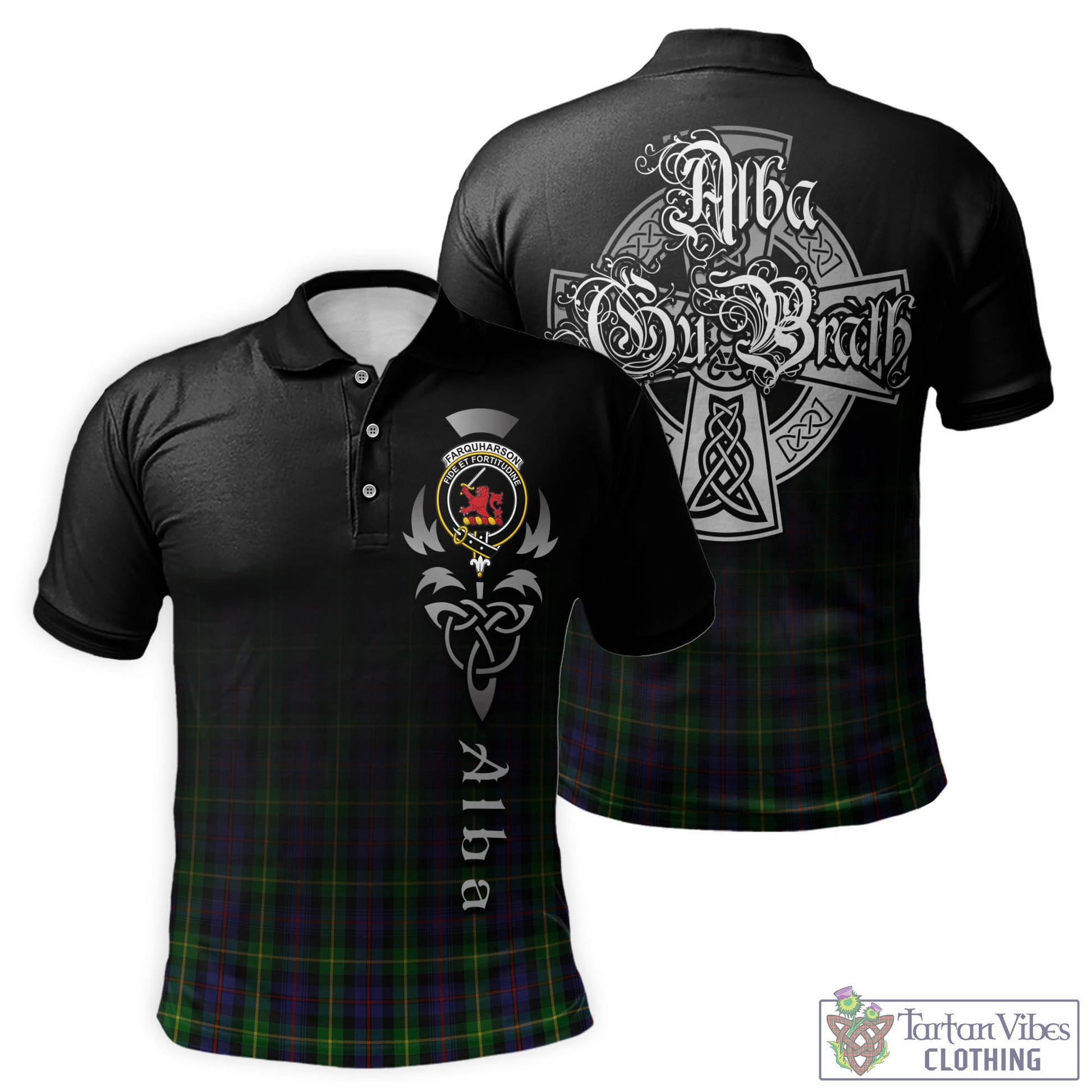 Tartan Vibes Clothing Farquharson Tartan Polo Shirt Featuring Alba Gu Brath Family Crest Celtic Inspired