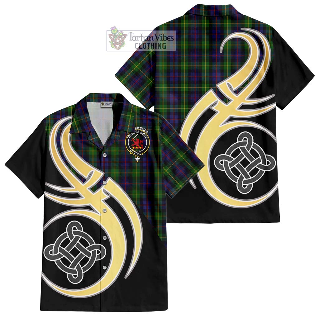 Farquharson Tartan Short Sleeve Button Shirt with Family Crest and Celtic Symbol Style - Tartan Vibes Clothing