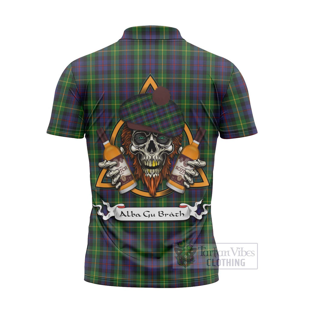 Tartan Vibes Clothing Farquharson Tartan Zipper Polo Shirt with Family Crest and Bearded Skull Holding Bottles of Whiskey