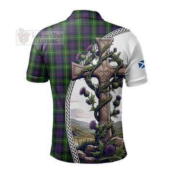 Farquharson Tartan Polo Shirt with Family Crest and St. Andrew's Cross Accented by Thistle Vines