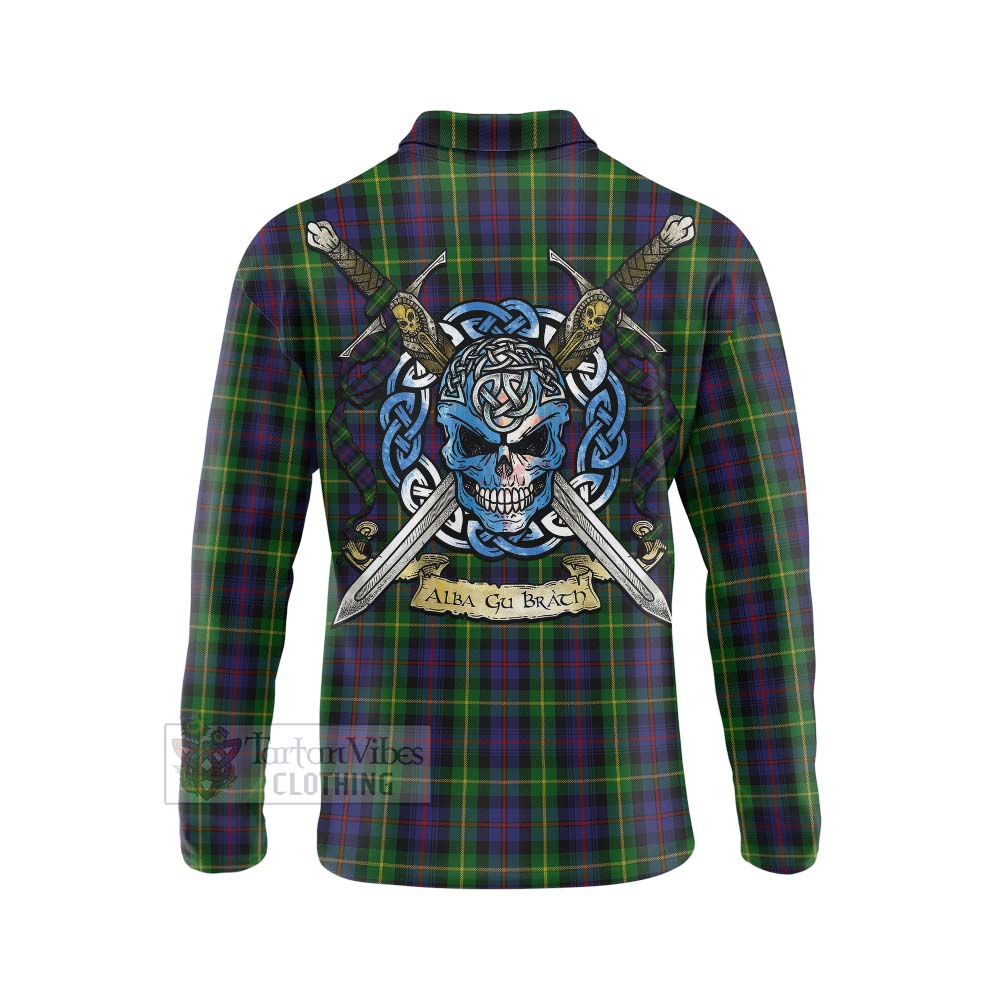 Tartan Vibes Clothing Farquharson Tartan Long Sleeve Polo Shirt with Family Crest Celtic Skull Style