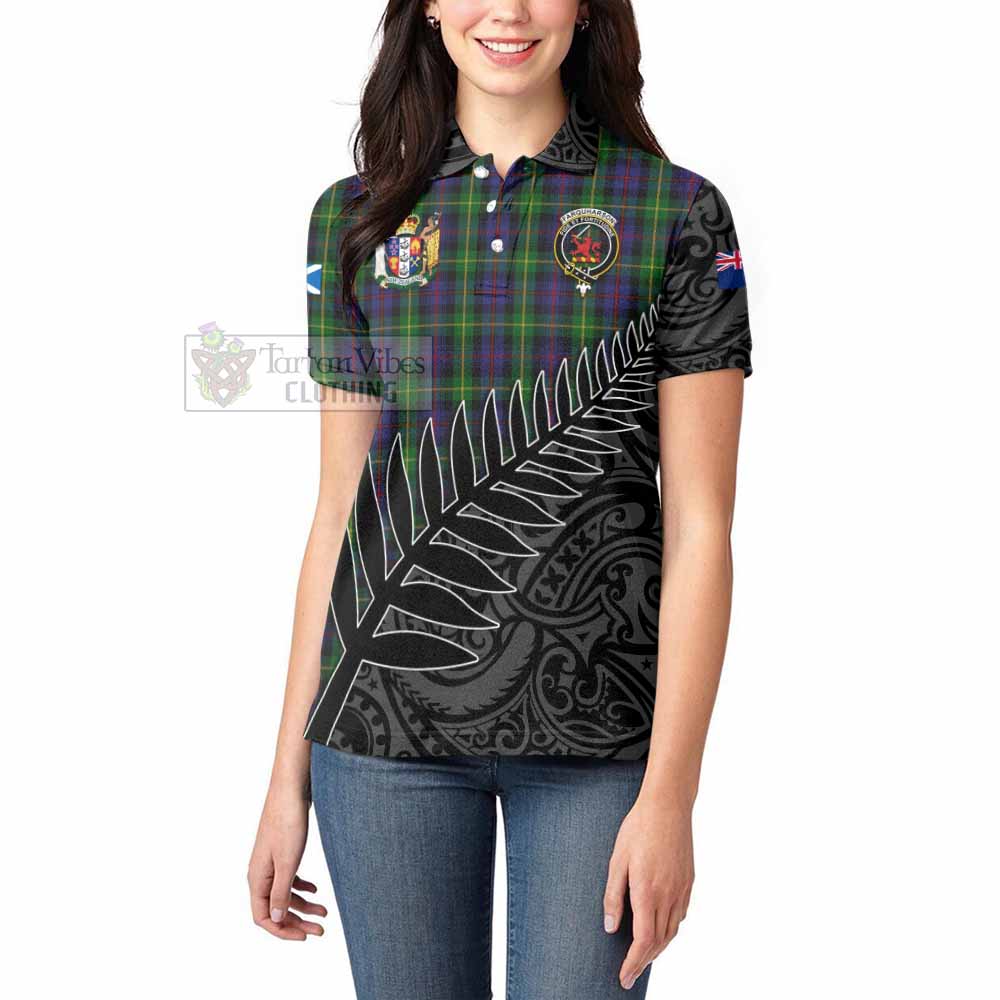 Tartan Vibes Clothing Farquharson Crest Tartan Women's Polo Shirt with New Zealand Silver Fern Half Style