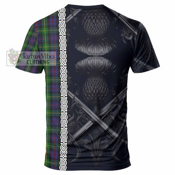 Farquharson Tartan T-Shirt with Family Crest Cross Sword Thistle Celtic Vibes