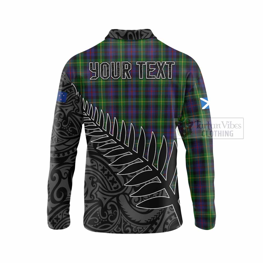 Tartan Vibes Clothing Farquharson Crest Tartan Long Sleeve Polo Shirt with New Zealand Silver Fern Half Style