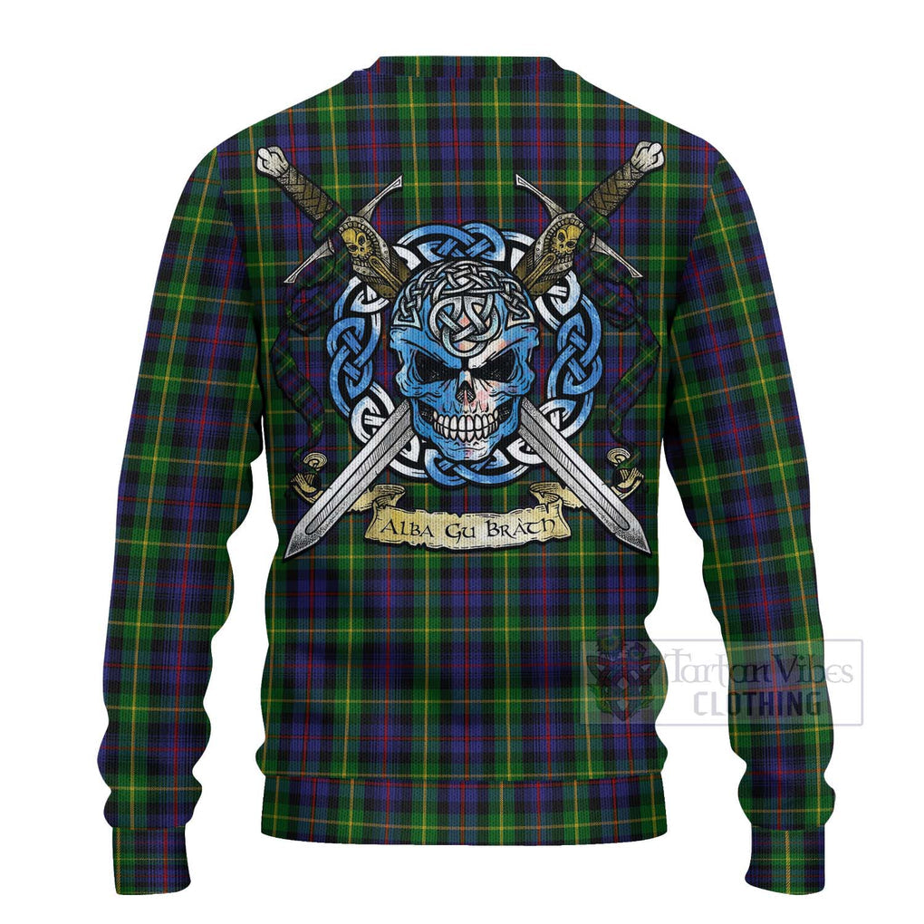 Tartan Vibes Clothing Farquharson Tartan Knitted Sweater with Family Crest Celtic Skull Style