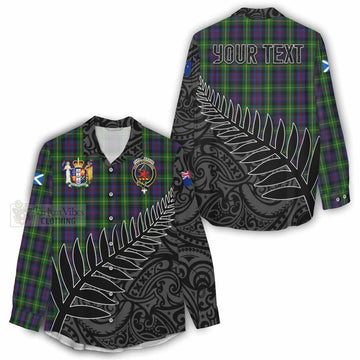 Farquharson Crest Tartan Women's Casual Shirt with New Zealand Silver Fern Half Style