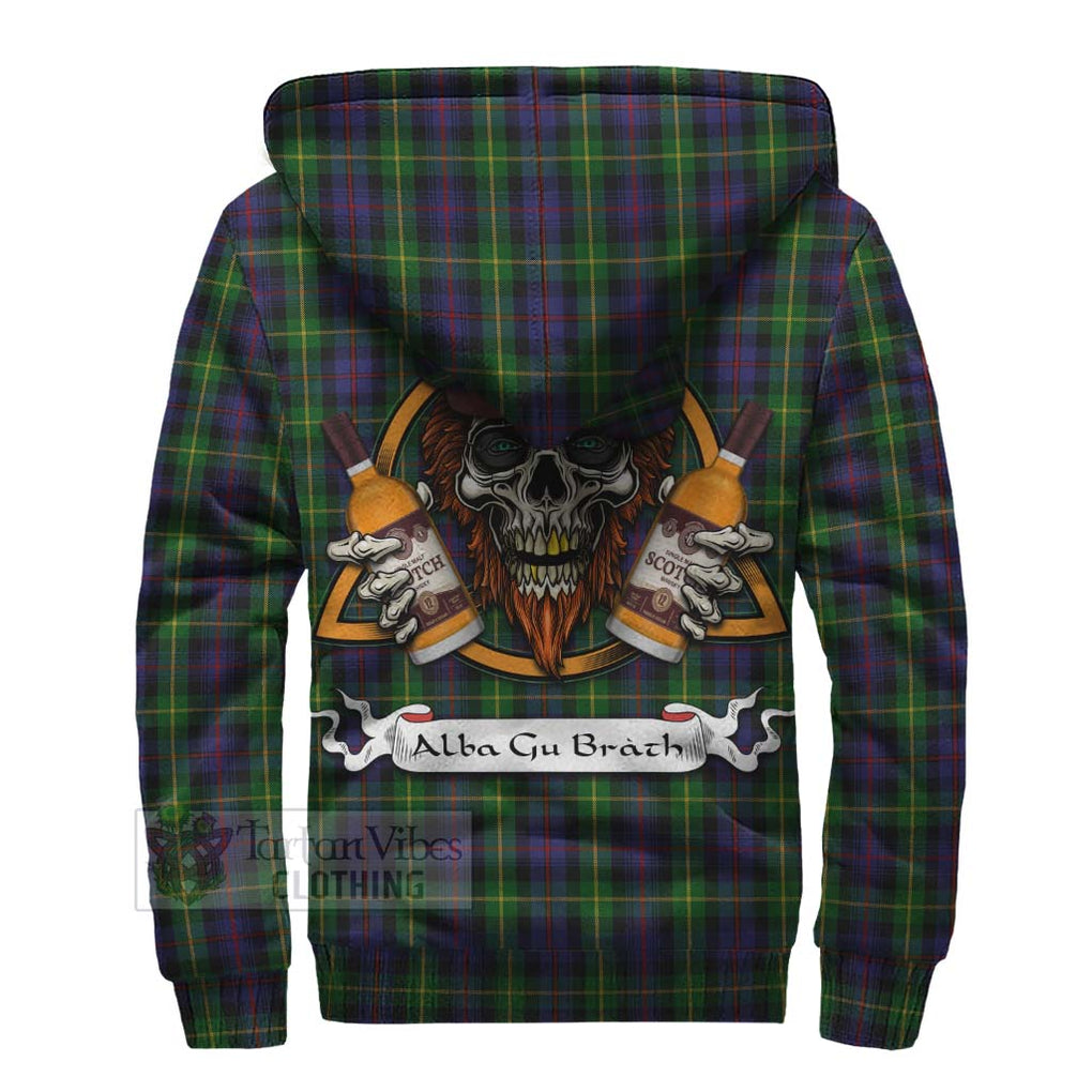 Tartan Vibes Clothing Farquharson Tartan Sherpa Hoodie with Family Crest and Bearded Skull Holding Bottles of Whiskey