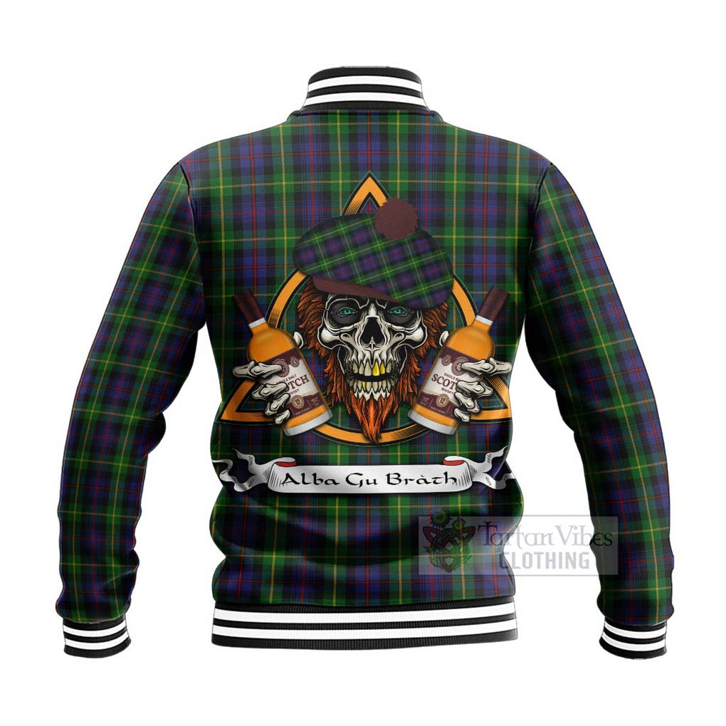 Tartan Vibes Clothing Farquharson Tartan Baseball Jacket with Family Crest and Bearded Skull Holding Bottles of Whiskey