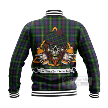 Farquharson Tartan Baseball Jacket with Family Crest and Bearded Skull Holding Bottles of Whiskey