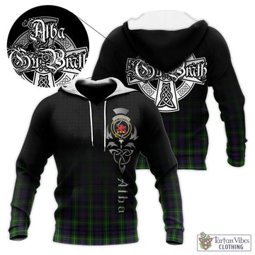 Farquharson Tartan Knitted Hoodie Featuring Alba Gu Brath Family Crest Celtic Inspired