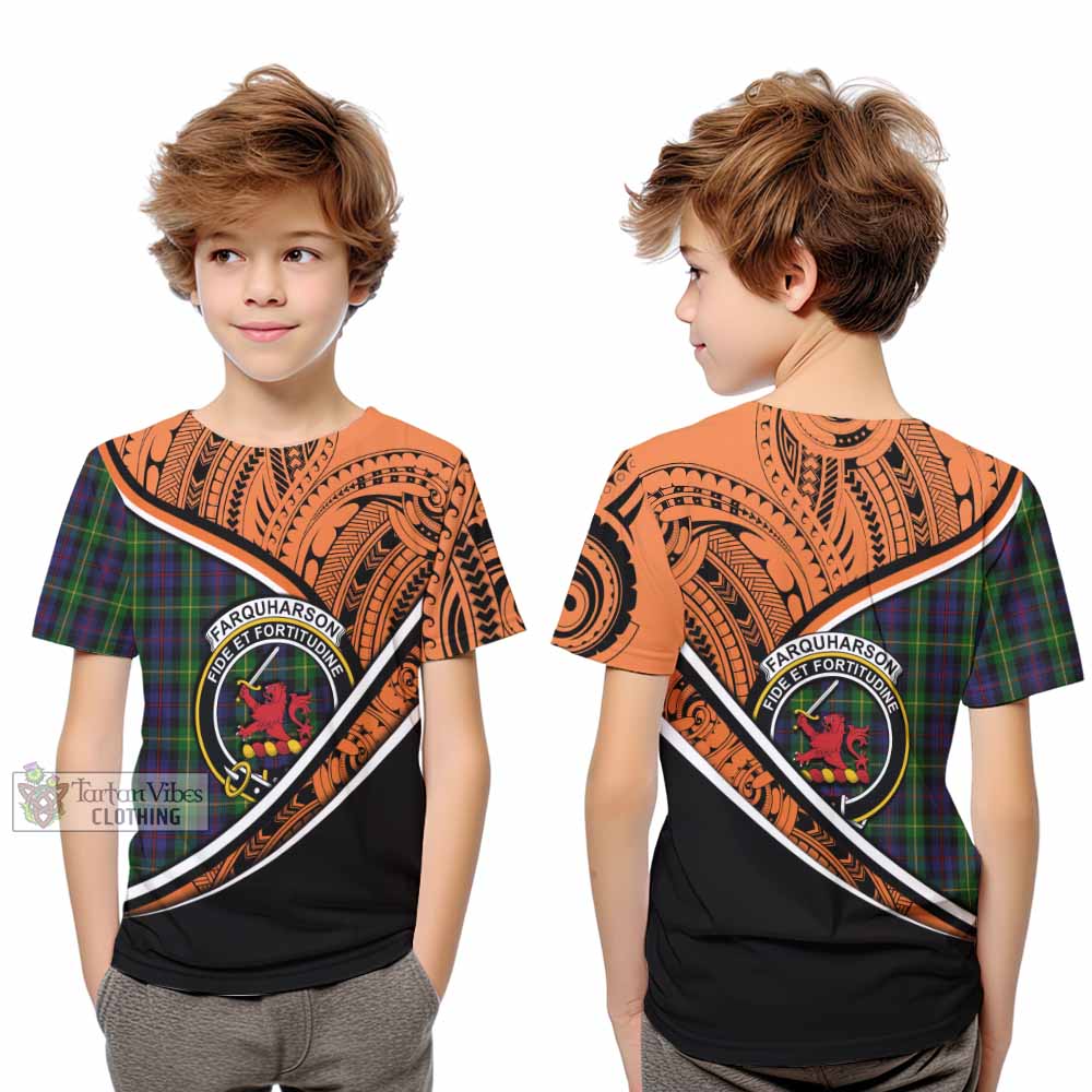 Tartan Vibes Clothing Farquharson Crest Tartan Kid T-Shirt with Maori Tattoo Style - Orange Version