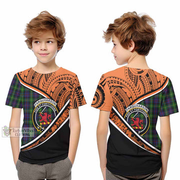 Farquharson Crest Tartan Kid T-Shirt with Polynesian Vibes Style - Orange Version