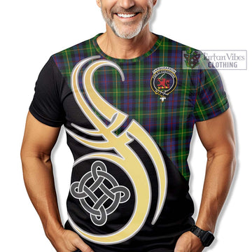 Farquharson Tartan T-Shirt with Family Crest and Celtic Symbol Style