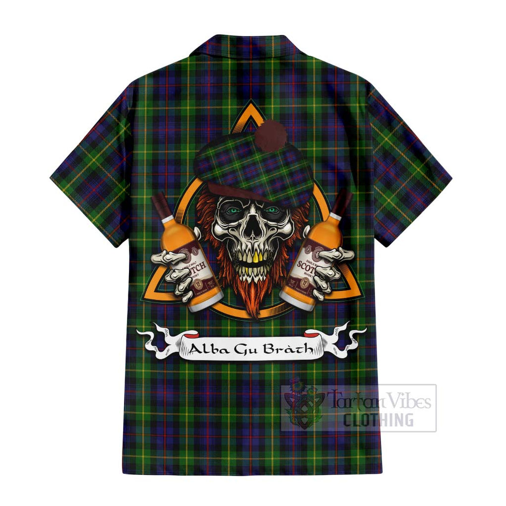 Tartan Vibes Clothing Farquharson Tartan Short Sleeve Button Shirt with Family Crest and Bearded Skull Holding Bottles of Whiskey