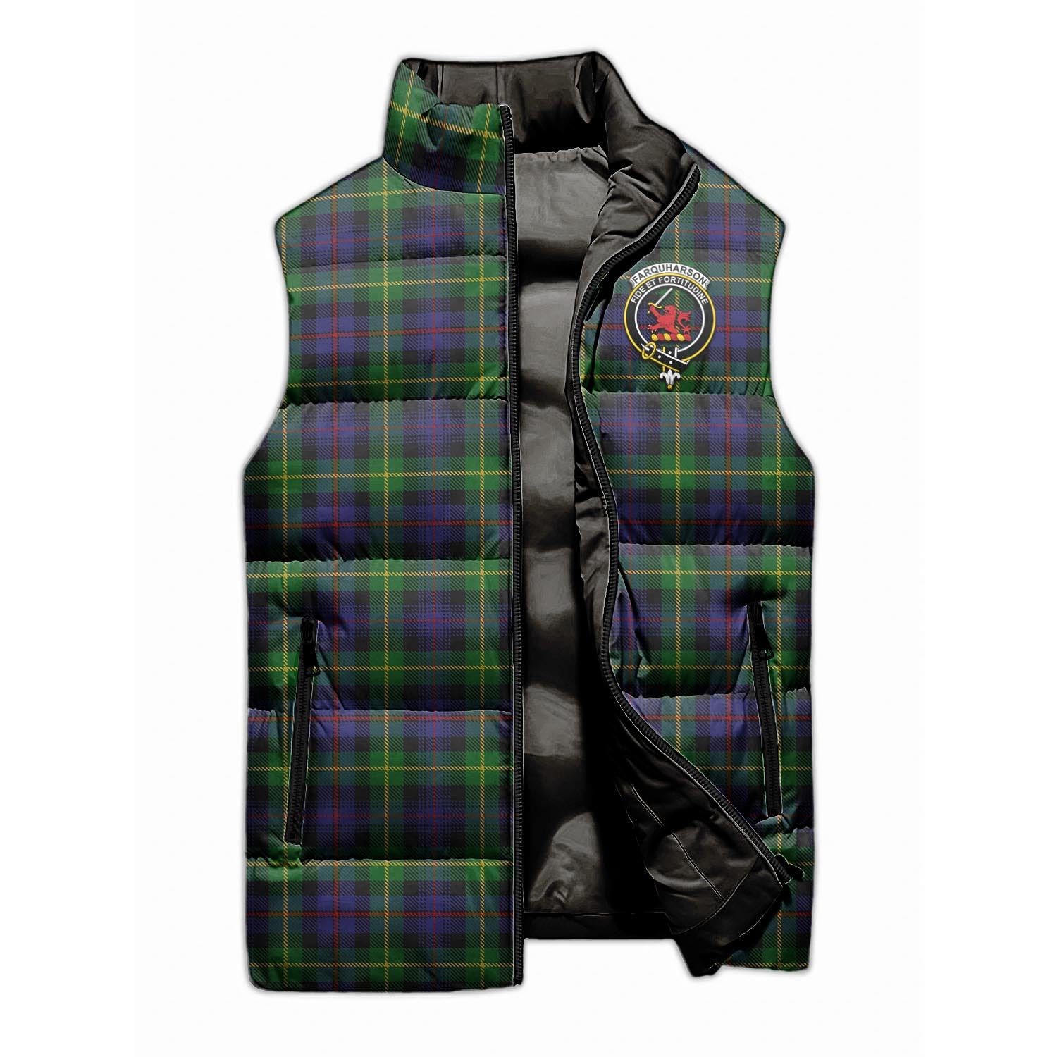 Farquharson Tartan Sleeveless Puffer Jacket with Family Crest - Tartanvibesclothing