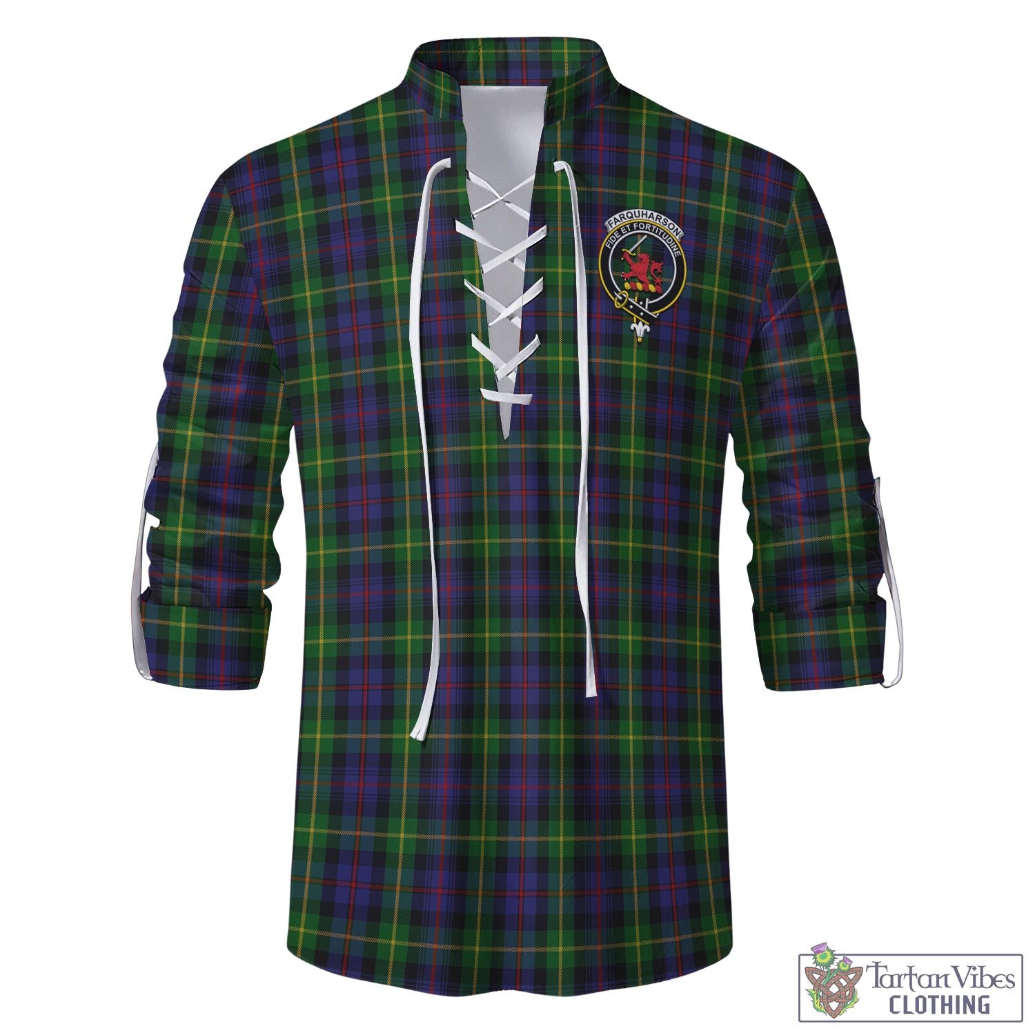 Tartan Vibes Clothing Farquharson Tartan Men's Scottish Traditional Jacobite Ghillie Kilt Shirt with Family Crest