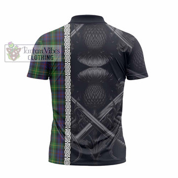 Farquharson Tartan Zipper Polo Shirt with Family Crest Cross Sword Thistle Celtic Vibes