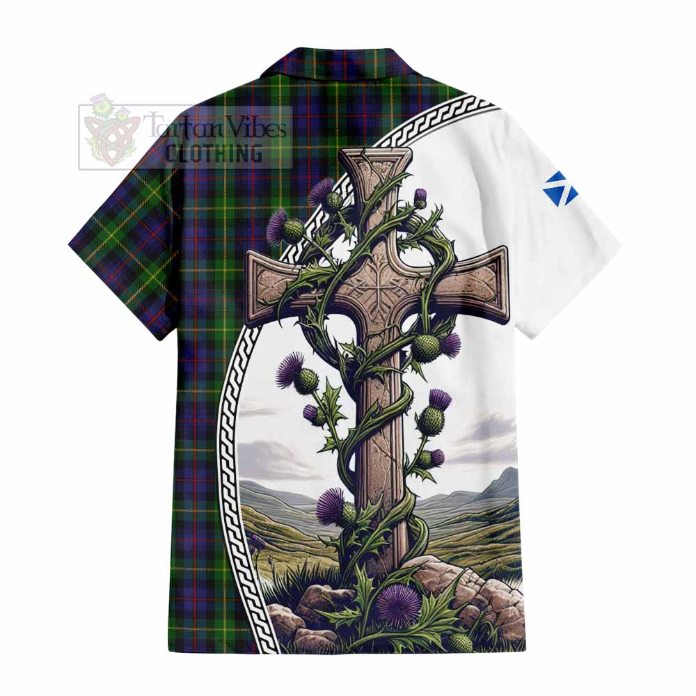 Tartan Vibes Clothing Farquharson Tartan Short Sleeve Button Shirt with Family Crest and St. Andrew's Cross Accented by Thistle Vines