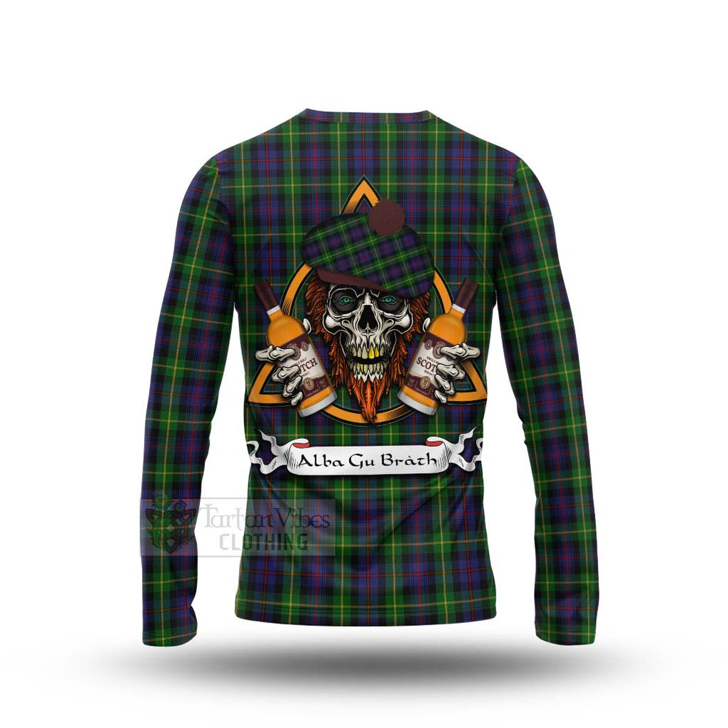 Tartan Vibes Clothing Farquharson Tartan Long Sleeve T-Shirt with Family Crest and Bearded Skull Holding Bottles of Whiskey