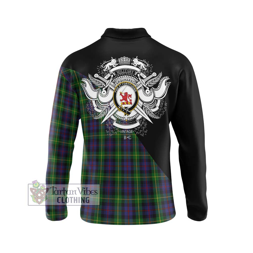 Farquharson Tartan Long Sleeve Polo Shirt with Family Crest and Military Logo Style - Tartanvibesclothing Shop