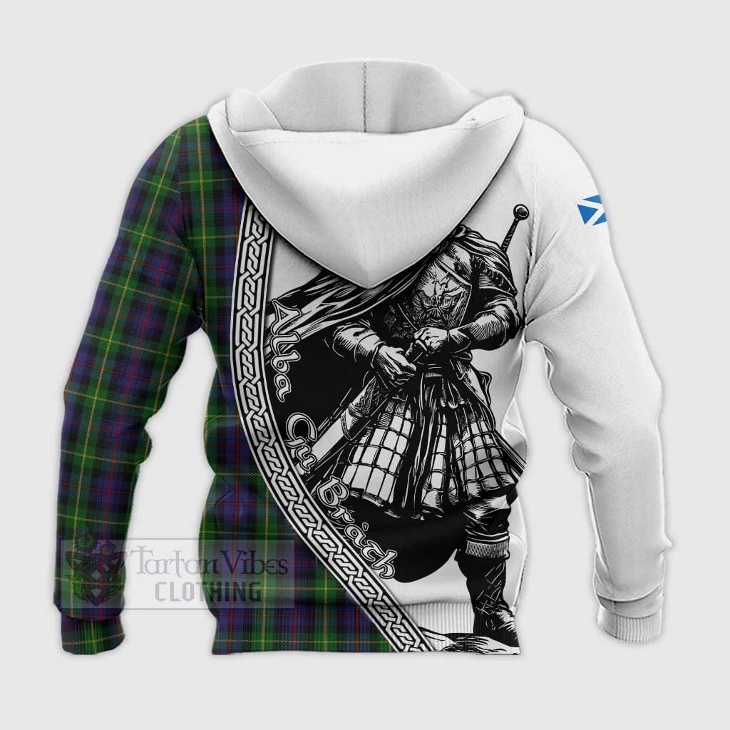 Tartan Vibes Clothing Farquharson Tartan Clan Crest Knitted Hoodie with Highlander Warrior Celtic Style