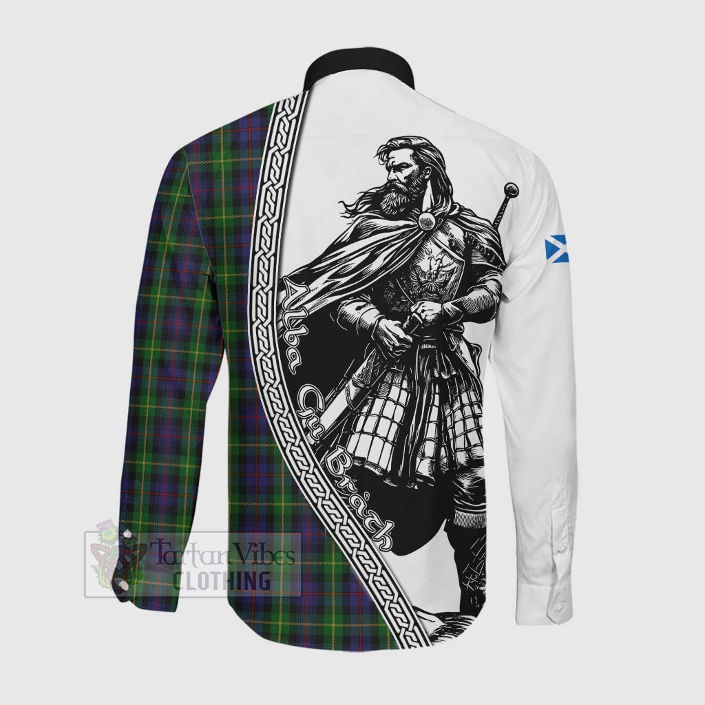 Tartan Vibes Clothing Farquharson Tartan Clan Crest Long Sleeve Button Shirt with Highlander Warrior Celtic Style