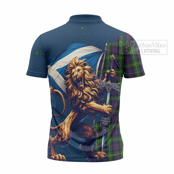 Farquharson Tartan Family Crest Zipper Polo Shirt with Scottish Majestic Lion - Tartan Vibes Clothing
