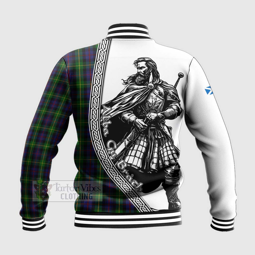 Tartan Vibes Clothing Farquharson Tartan Clan Crest Baseball Jacket with Highlander Warrior Celtic Style