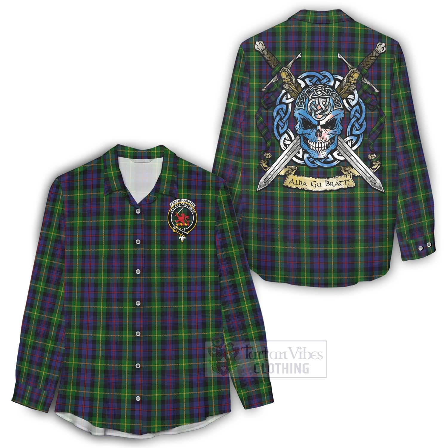 Tartan Vibes Clothing Farquharson Tartan Women's Casual Shirt with Family Crest Celtic Skull Style