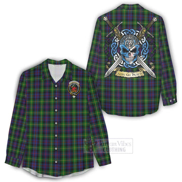 Farquharson Tartan Women's Casual Shirt with Family Crest Celtic Skull Style