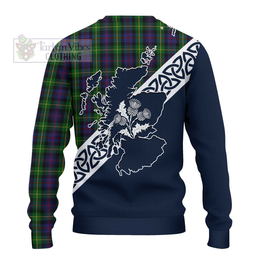 Tartan Vibes Clothing Farquharson Tartan Knitted Sweater Featuring Thistle and Scotland Map