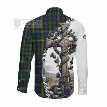 Farquharson Tartan Long Sleeve Button Shirt with Family Crest and St. Andrew's Cross Accented by Thistle Vines Men's Shirt - Tartan Vibes Clothing
