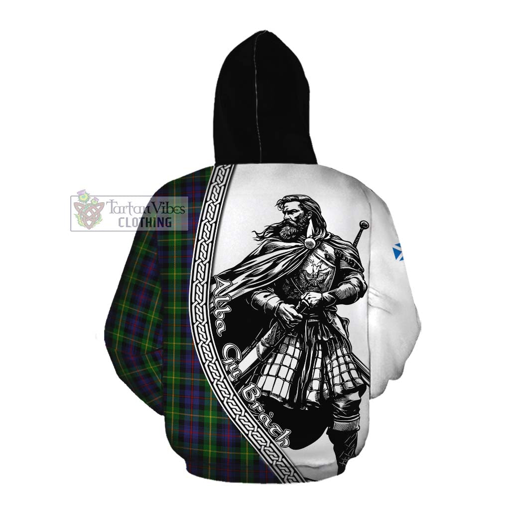 Tartan Vibes Clothing Farquharson Tartan Clan Crest Cotton Hoodie with Highlander Warrior Celtic Style