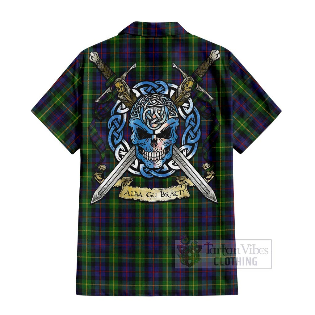 Tartan Vibes Clothing Farquharson Tartan Short Sleeve Button Shirt with Family Crest Celtic Skull Style