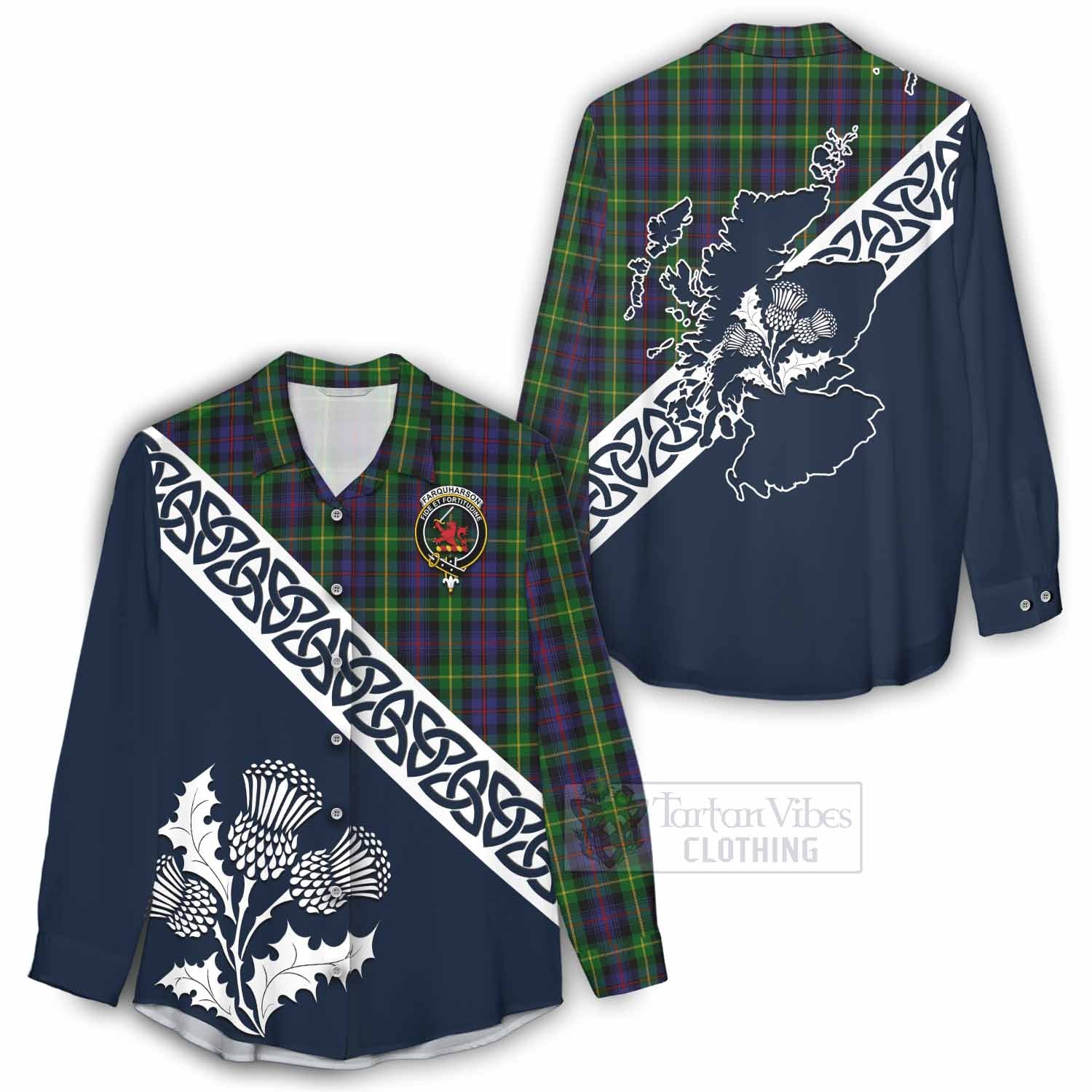 Tartan Vibes Clothing Farquharson Tartan Women's Casual Shirt Featuring Thistle and Scotland Map