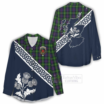 Farquharson Tartan Women's Casual Shirt Featuring Thistle and Scotland Map