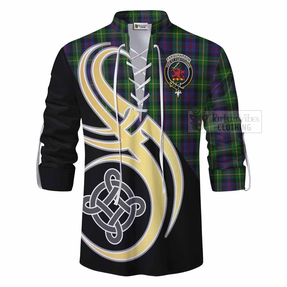 Tartan Vibes Clothing Farquharson Tartan Ghillie Kilt Shirt with Family Crest and Celtic Symbol Style