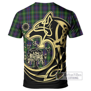 Farquharson Tartan T-Shirt with Family Crest Celtic Wolf Style