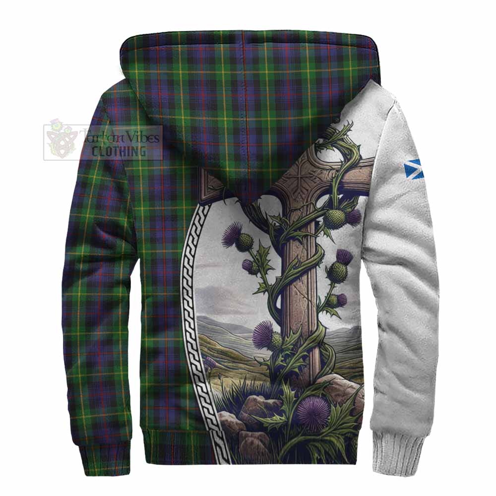 Tartan Vibes Clothing Farquharson Tartan Sherpa Hoodie with Family Crest and St. Andrew's Cross Accented by Thistle Vines