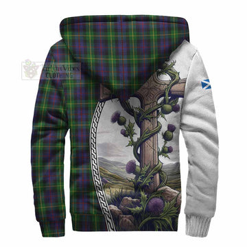 Farquharson Tartan Sherpa Hoodie with Family Crest and St. Andrew's Cross Accented by Thistle Vines