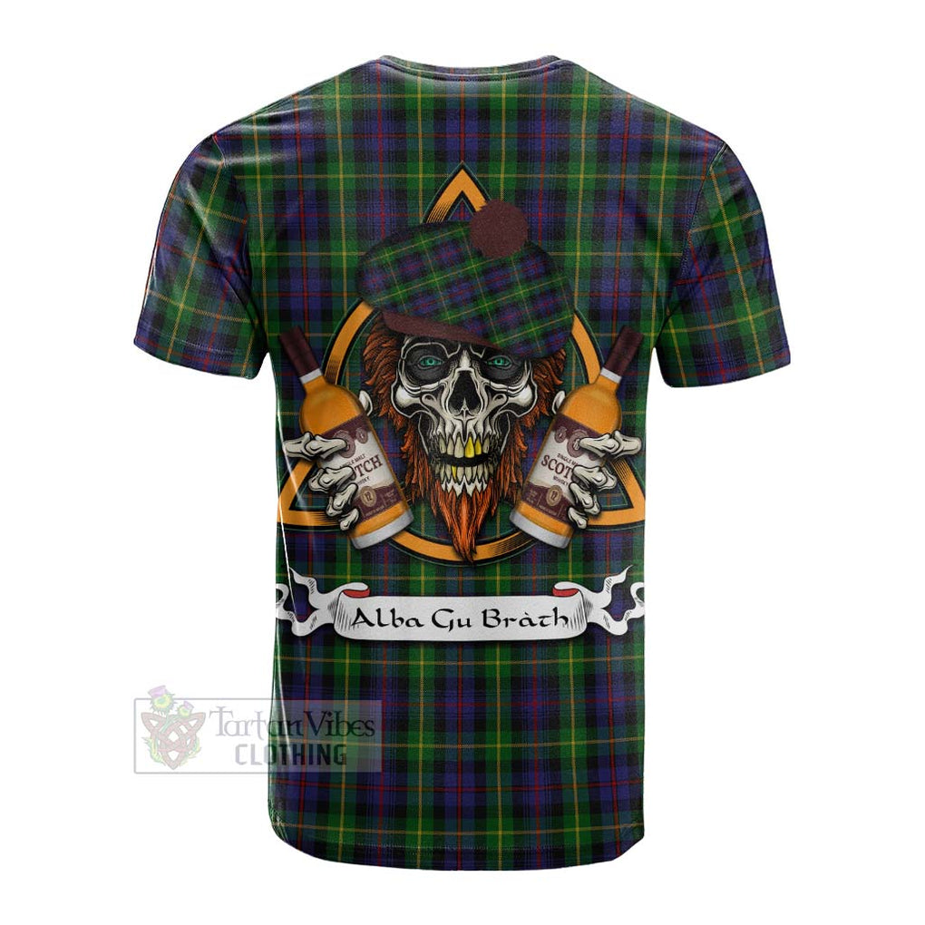 Tartan Vibes Clothing Farquharson Tartan Cotton T-shirt with Family Crest and Bearded Skull Holding Bottles of Whiskey