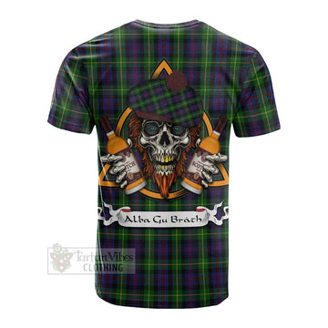 Farquharson Tartan Cotton T-shirt with Family Crest and Bearded Skull Holding Bottles of Whiskey