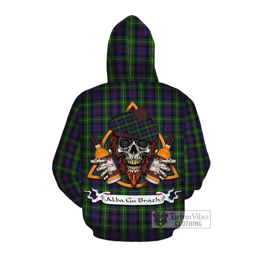 Tartan Vibes Clothing Farquharson Tartan Cotton Hoodie with Family Crest and Bearded Skull Holding Bottles of Whiskey