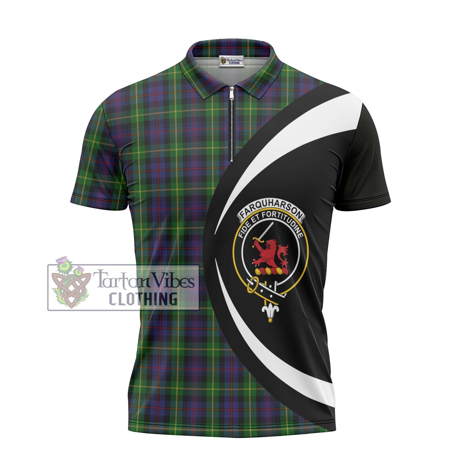 Tartan Vibes Clothing Farquharson Tartan Zipper Polo Shirt with Family Crest Circle Style