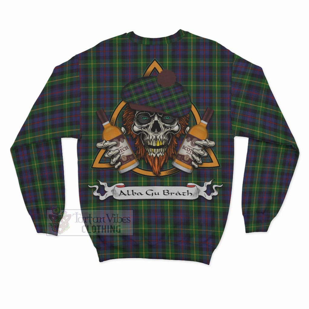 Tartan Vibes Clothing Farquharson Tartan Sweatshirt with Family Crest and Bearded Skull Holding Bottles of Whiskey