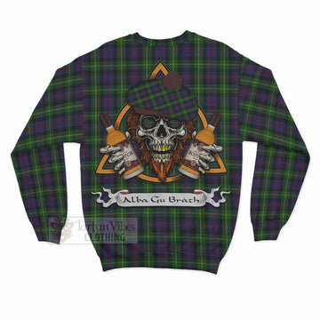 Farquharson Tartan Sweatshirt with Family Crest and Bearded Skull Holding Bottles of Whiskey