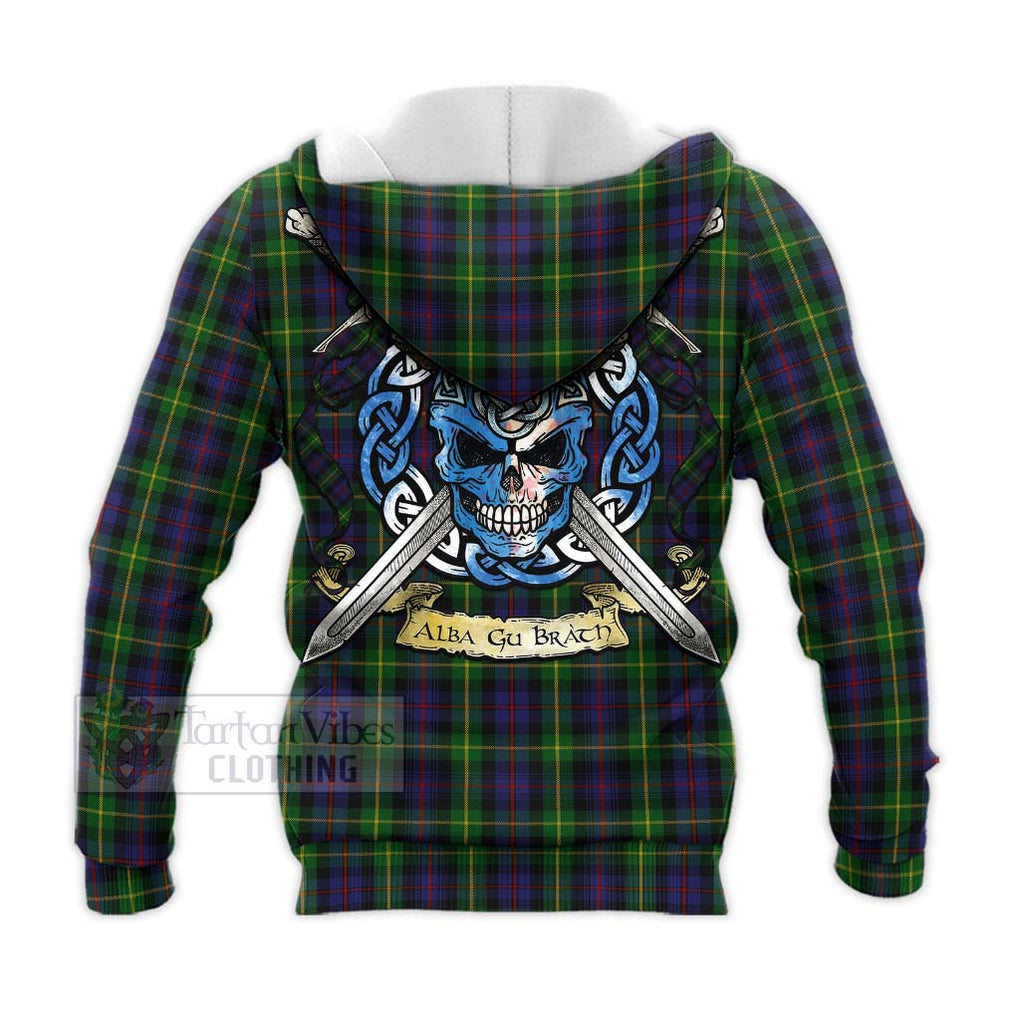 Tartan Vibes Clothing Farquharson Tartan Knitted Hoodie with Family Crest Celtic Skull Style